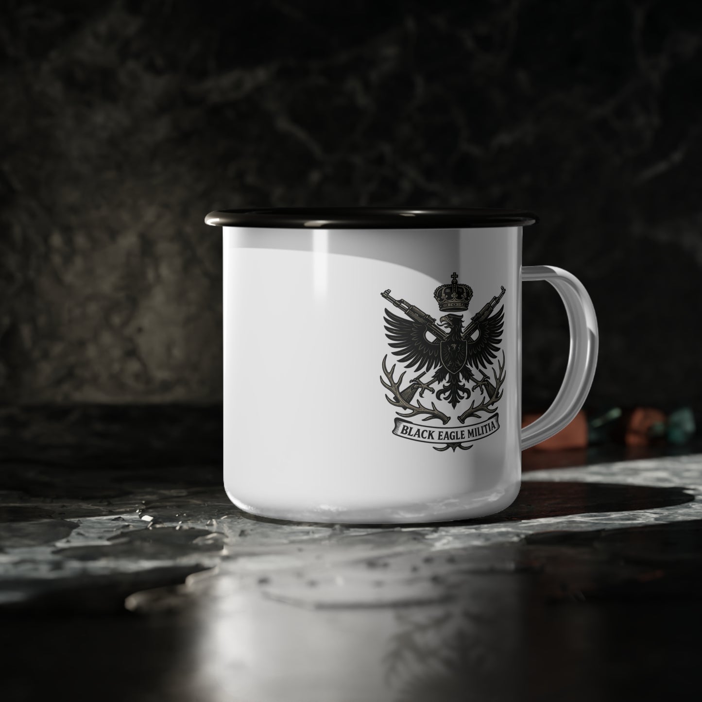 Enamel Camp Cup - Black Eagle Militia - Vintage Military Style Coffee Mug